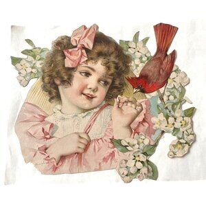 Antique Victorian Maude Humphrey Lithograph Cutout Print Girl Bird & Flowers